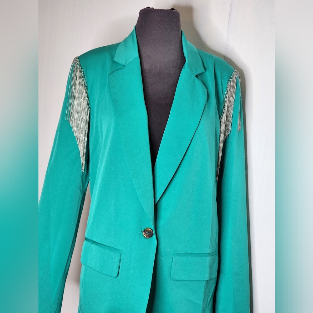 Chic Teal Blazer with Silver Tassle Detailing
